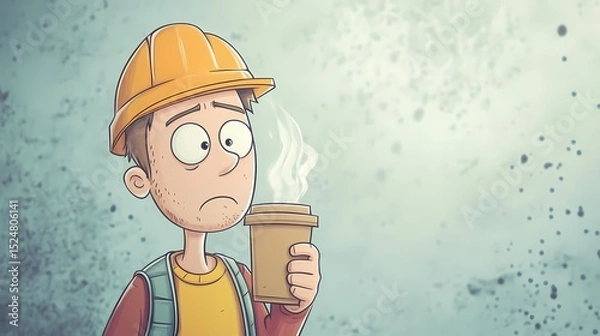 Fototapeta Funny cartoon of a tired construction worker drinking coffee