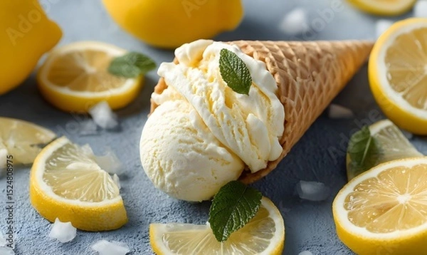 Obraz Lemon ice cream in a cone, surrounded by lemon slices, Generative AI