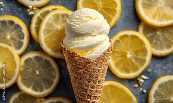 Obraz Lemon ice cream in a cone, surrounded by lemon slices, Generative AI