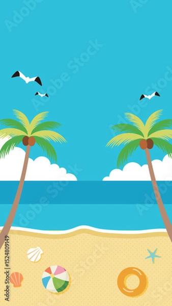 Fototapeta 夏の海とヤシの木とビーチが描かれたイラスト　バナー背景　ヘッダー背景