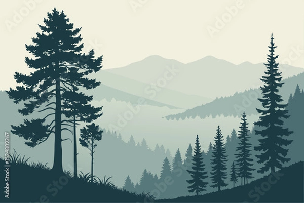 Obraz Misty mountain landscape with silhouette pine trees