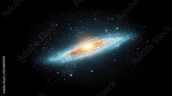 Obraz Glowing spiral galaxy with radiant golden core surrounded by vibrant blue gas and countless stars, set against vast blackness of space, creating mesmerizing cosmic scene