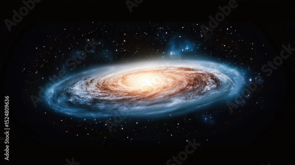 Obraz Glowing spiral galaxy with bright core surrounded by swirling arms of stars, gas, and dust, set against dark, star filled cosmic background, evoking wonder and mystery