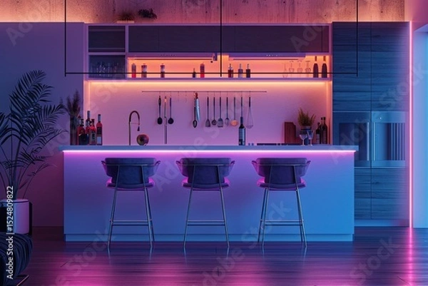 Fototapeta high resolution of Modern kitchen with a bar counter and neon lighting
