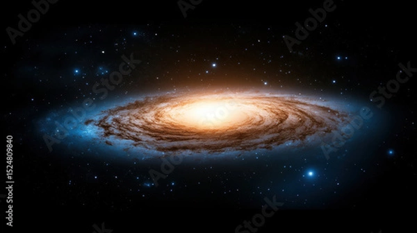 Obraz Glowing spiral galaxy in deep space with vibrant colors, surrounded by countless stars and cosmic dust, creating mesmerizing and high fidelity celestial scene