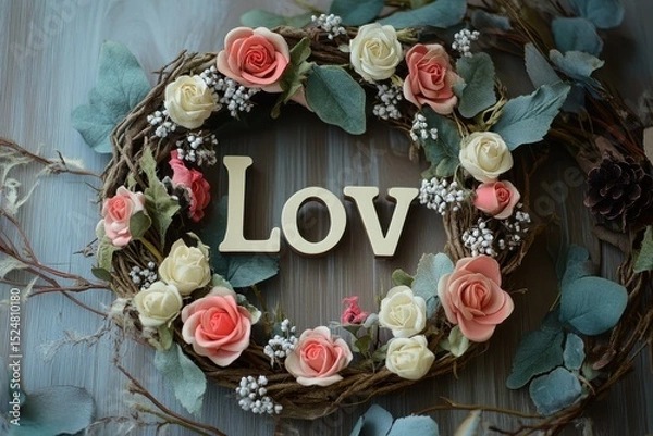 Fototapeta detailed picture of a floral wreath with the word quot love quot on it