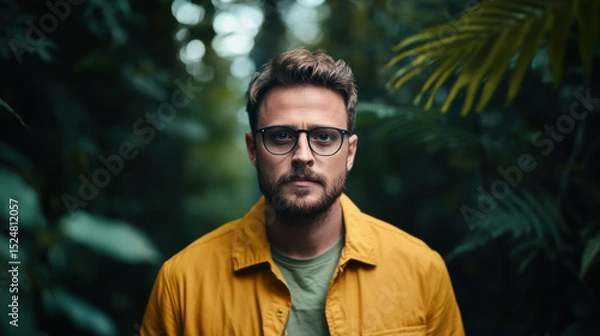 Obraz Man with glasses and yellow jacket stands in lush, green jungle surrounded by thick ferns and palm leaves, creating serene and cinematic atmosphere