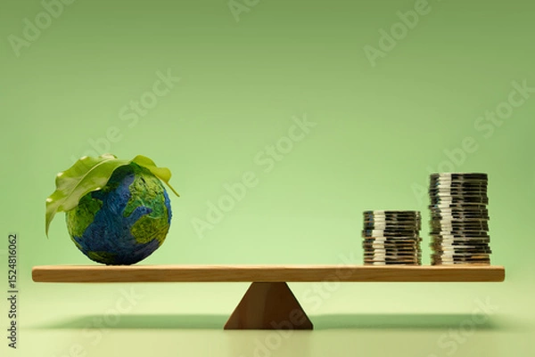 Fototapeta Sustainable, Green investment, green finance, and eco-friendly economic growth. Coin money Stack and Green Leaf Globe balanced on a scale
