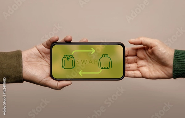 Fototapeta Sustainable fashion through sharing, emphasizing eco-conscious lifestyle habits .Clothing exchange Swap app empowering circular economy