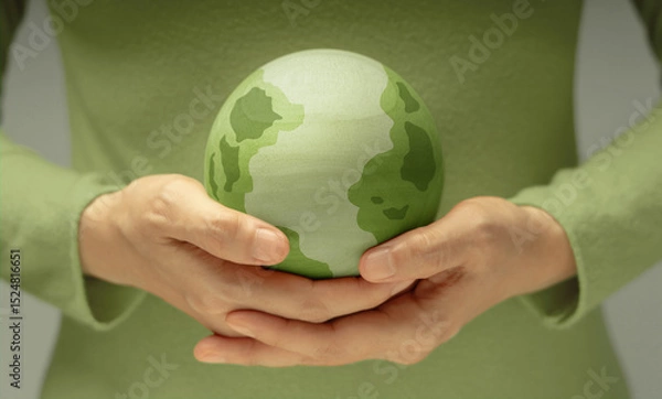 Fototapeta Green earth held gently in hands, symbolizing environmental conservation, care for the planet, and sustainability