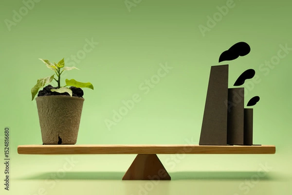 Fototapeta Environmental concept. Balance between Planting Trees and carbon-emitting factories, reflecting sustainability and pollution