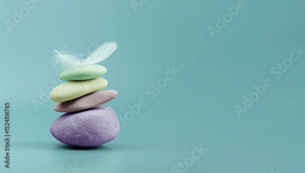 Fototapeta Calm and stable mindset represented by balanced colorful stones and feather, symbolizing inner peace and emotional steadiness