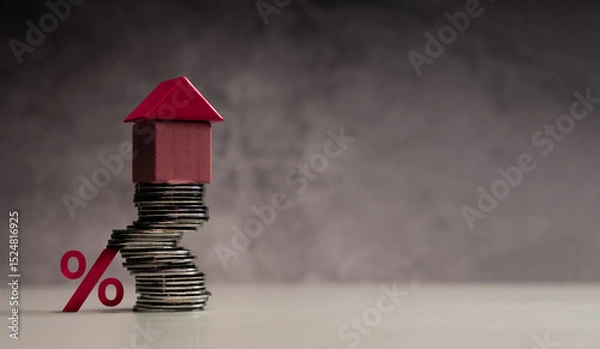 Fototapeta Stacked coins with house and percentage symbol representing mortgage interest rates and real estate investment