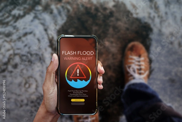 Fototapeta Smartphone displaying a flash flood warning alert screen, held by a person standing near rising floodwaters. Concept for emergency notification, natural disaster preparedness, and weather alerts