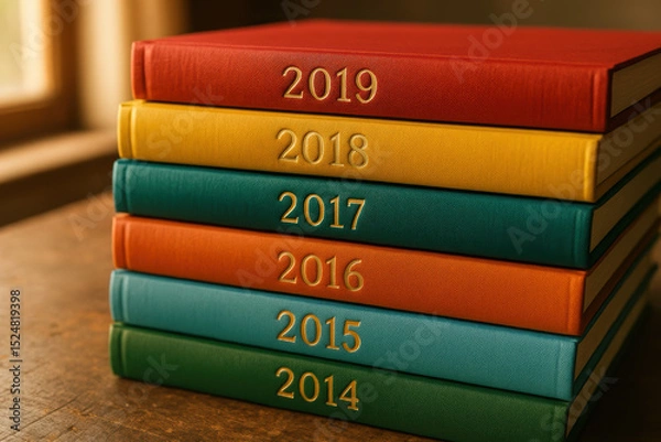 Obraz Stack of colorful year labeled journals organized on a wooden surface in warm natural light near a window