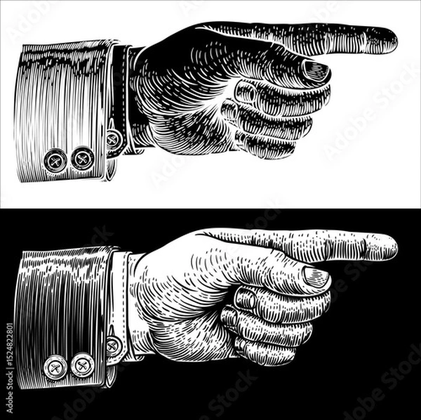Fototapeta A hand pointing a finger in an etched vintage woodcut style