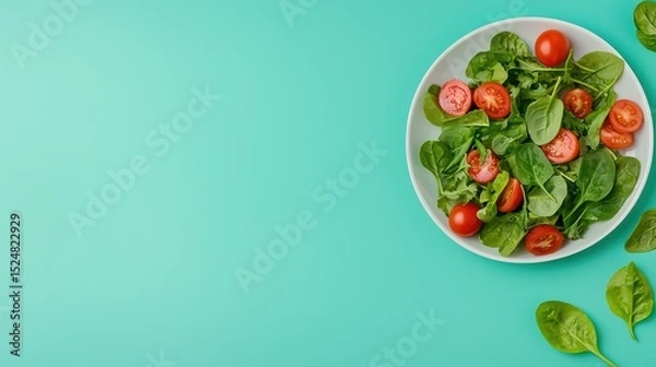 Fototapeta Fresh green salad with spinach and tomatoes on bright colored background ready for healthy meal enjoyment