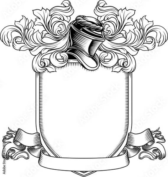 Fototapeta Coat of arms crest knight family medieval shield heraldry heraldic armorial motif. Featuring a knights helm helmet in a vintage etching engraving woodcut style