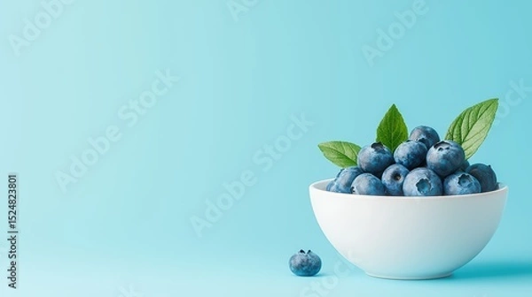 Fototapeta Fresh blueberries in white bowl with green leaves against soft blue background for healthy eating and nutrition concepts