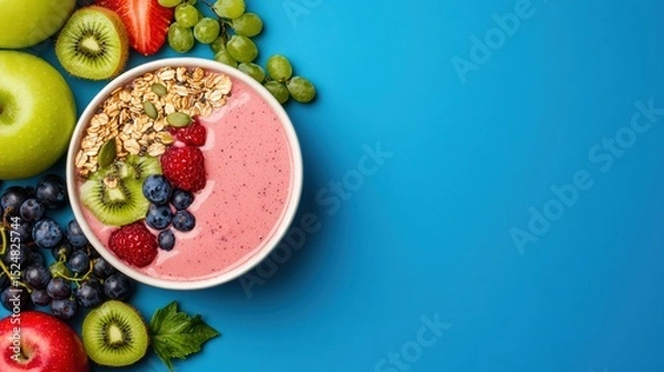 Fototapeta Colorful and refreshing smoothie bowl with fresh fruits and granola on blue background