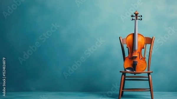 Fototapeta Violin resting on wooden chair against soft blue background for musical themes and artistic expressions in photography