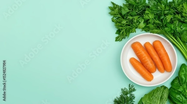 Fototapeta Fresh carrots and green vegetables on light blue background with copy space for healthy eating and cooking themes