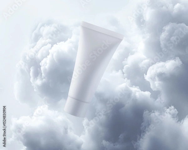 Obraz Cream tube levitates among thick smoke cloud on white background. Monochrome horizontal mockup of cosmetics with light texture. Matte plastic packaging with backlight