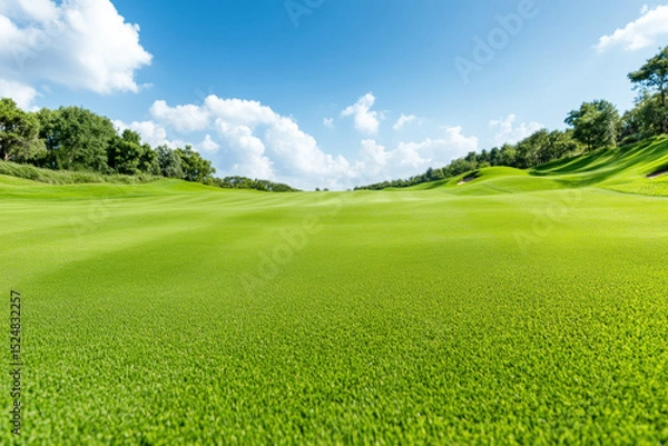 Obraz Lush green golf course landscape on a sunny day with clear blue skies and verdant rolling hills