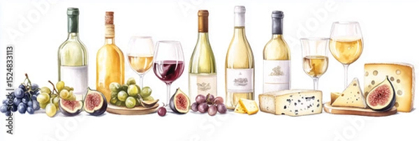 Fototapeta Vector illustration of wine and cheese watercolor clipart, on white background. Banner
