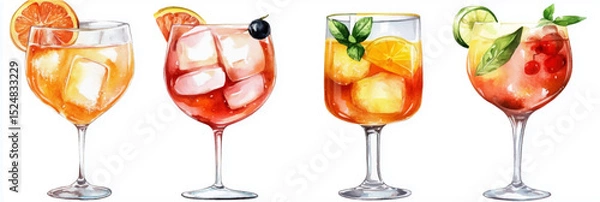 Fototapeta Vector illustration of a set of glasses with summer cocktails, watercolor on a white background
