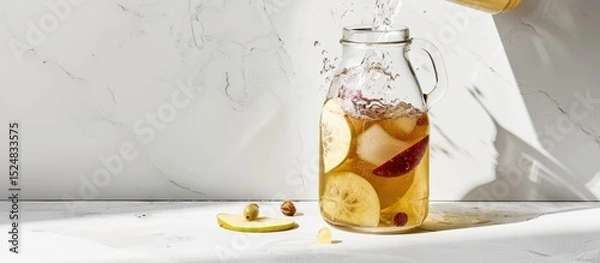 Fototapeta Vibrant kombucha bottle with fruit slices and dynamic splash showcasing freshness