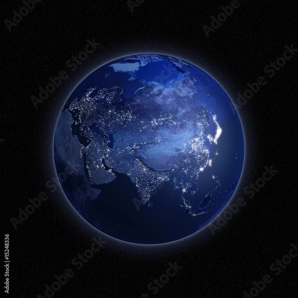 Fototapeta Night view of the Earth with lights glowing in urban areas.