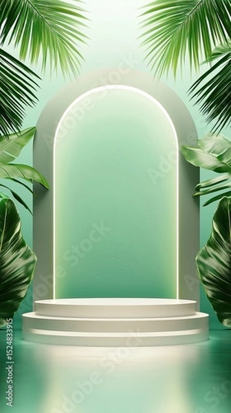 Obraz Tropical archway with illuminated doorway and green foliage for design background or print