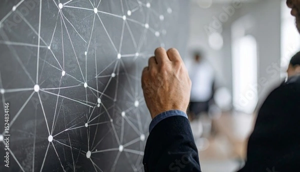 Obraz Network communication concept. Businessman drawing network structure on chalkboard