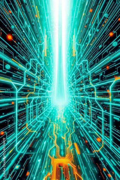 Obraz Futuristic digital circuit with glowing lines and bright light in blue and orange colors