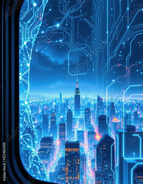 Obraz Futuristic cityscape with glowing digital circuits and illuminated skyscrapers at night