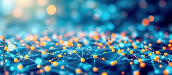Obraz Abstract network connection with glowing nodes and lines in blue and orange colors