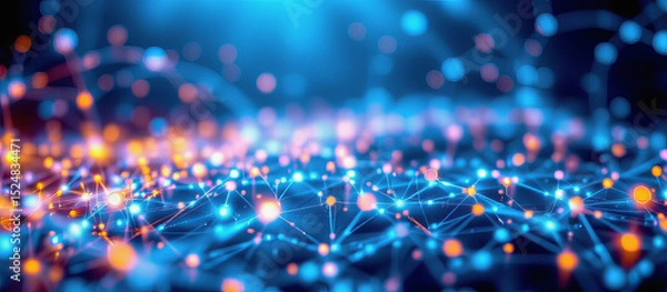 Obraz Digital network with glowing nodes and connections blue and orange lights creating futuristic