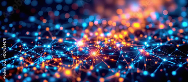 Obraz Neural network connection with glowing nodes and lines in blue and orange colors