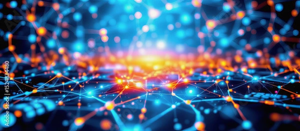 Obraz Digital network connection with glowing nodes and lines in blue and orange colors