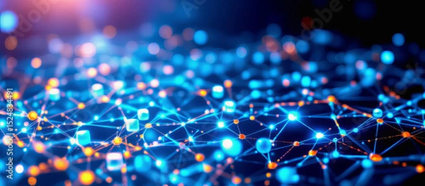 Fototapeta Glowing network of interconnected nodes and lines blue and orange lights creating futuristic