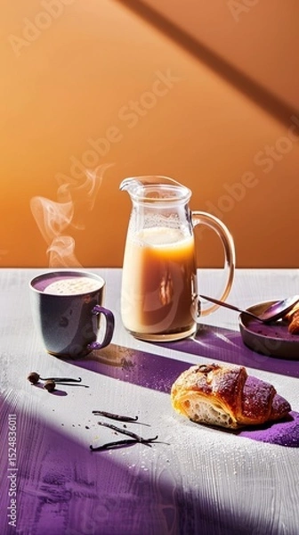 Fototapeta Cozy breakfast setting with vanilla-infused kefir, pastries, and steaming coffee