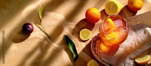 Fototapeta Golden kombucha with citrus slices on rustic picnic table in warm sunlight