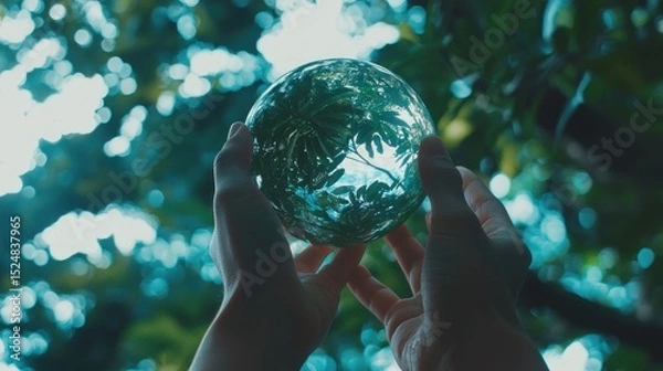 Obraz Nature's Embrace, Glass Sphere Reflecting the Serenity of a Lush Forest