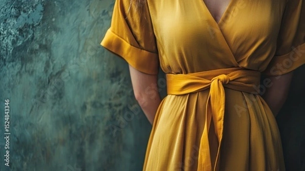 Fototapeta Wrap Dress - A dress with a front closure formed by wrapping one side across the other and tying the attached ties that wrap around the back.
