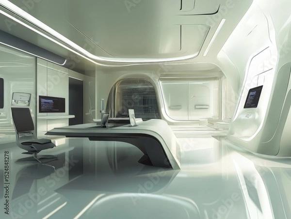 Obraz Futuristic executive meeting room with sleek curved desk and glowing ambient lighting for high-tech design.