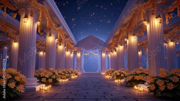 Fototapeta Temple view during Janmashtami night with hundreds of diyas, flower garlands