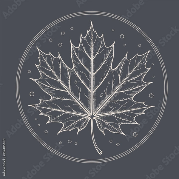 Fototapeta Detailed illustration of leaf, featuring intricate lines and patterns, set against dark background with circular elements. design evokes sense
