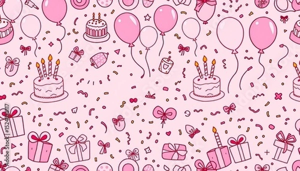 Fototapeta Pink birthday party doodle seamless pattern vector illustration featuring cake, balloons, gifts, confetti, and candles, pattern, wrapping paper