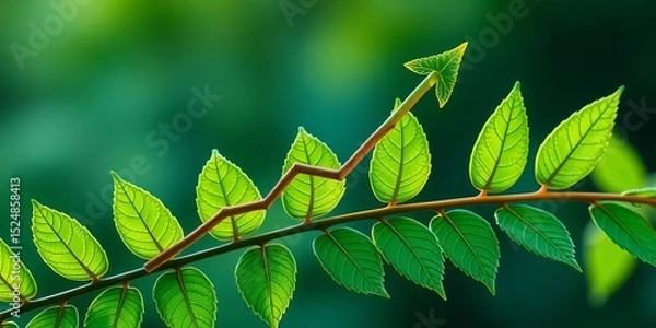 Fototapeta Upward trending graph overlaid on green leaf branch, symbolizing sustainable business growth,  earth,  growth chart